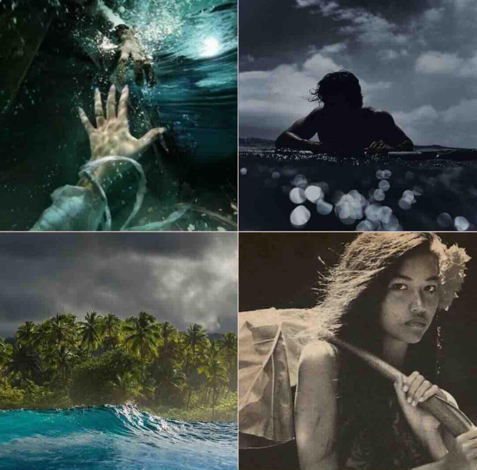a collage of four pictures: someone attempting to rescue another person in the sea; a boy on a surfboard in the water; a Polynesian girl with a flower in her hair, holding a large leaf; and a picture of a lush island taken from the sea (cred k. baldassari,
